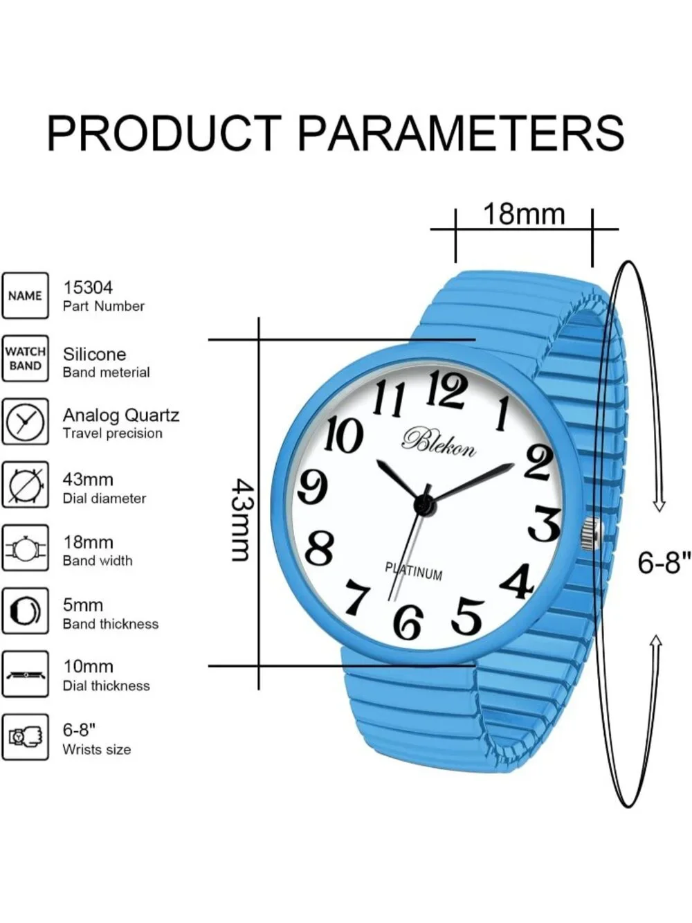 Women's Light Blue Super Large Face Stretch Band Japanese Movement Fashion Watch